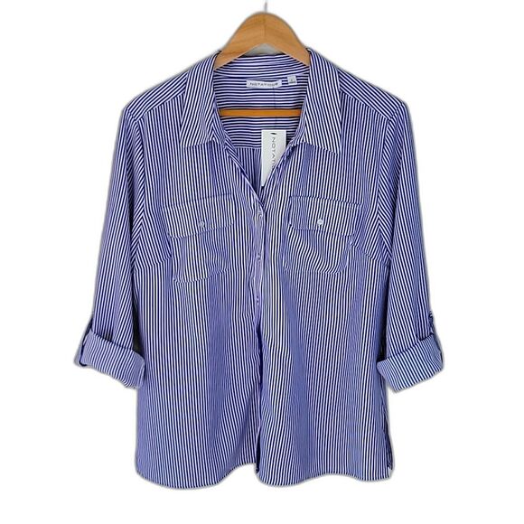 Notations Blue White Striped Long Sleeve Button Down Blouse size L Roll Tab NWT - Picture 2 of 12